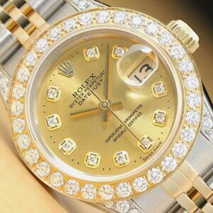 LADIES ROLEX DATEJUST  TWO TONE QUICKSET 1.0++ CT DIAMOND BEZEL CHAMPAGNE WATCH